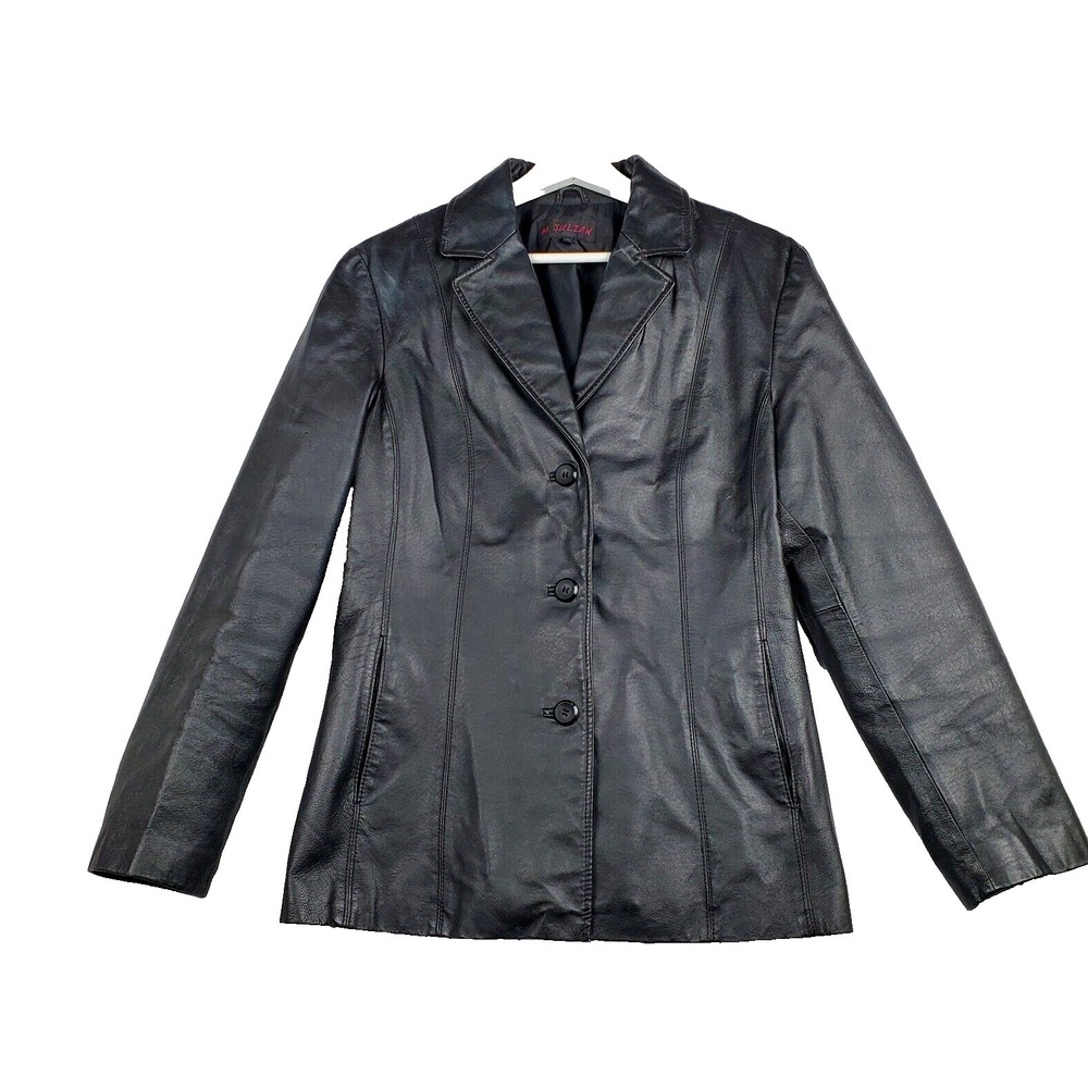 M. Julian Leather Jacket Womens Large Black Notch Lapel Button Front Long Sleeve